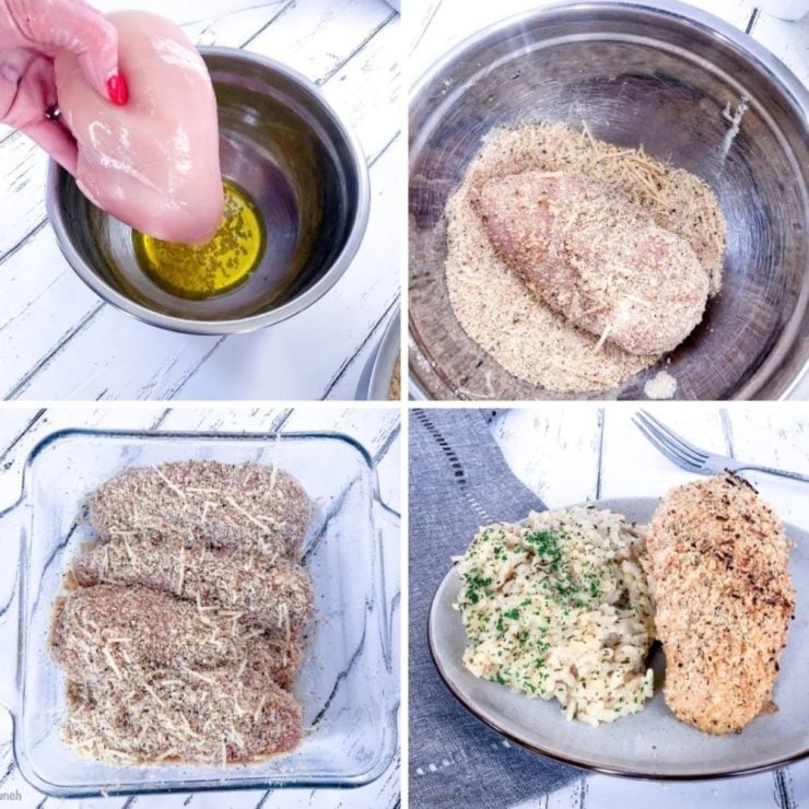 Collage showing chicken being coated in olive oil and garlic, then being covered in bread crumbs and parmesan, then arranged in a baking dish, then on white plate with risotto.