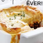 A simple version of the classic meat and vegetable comfort food casserole topped with cheesy garlic mashed potatoes, this is the best Shepherd's Pie recipe you'll ever make! #easyshepherdspie #casserole #gluten-free #groundbeef