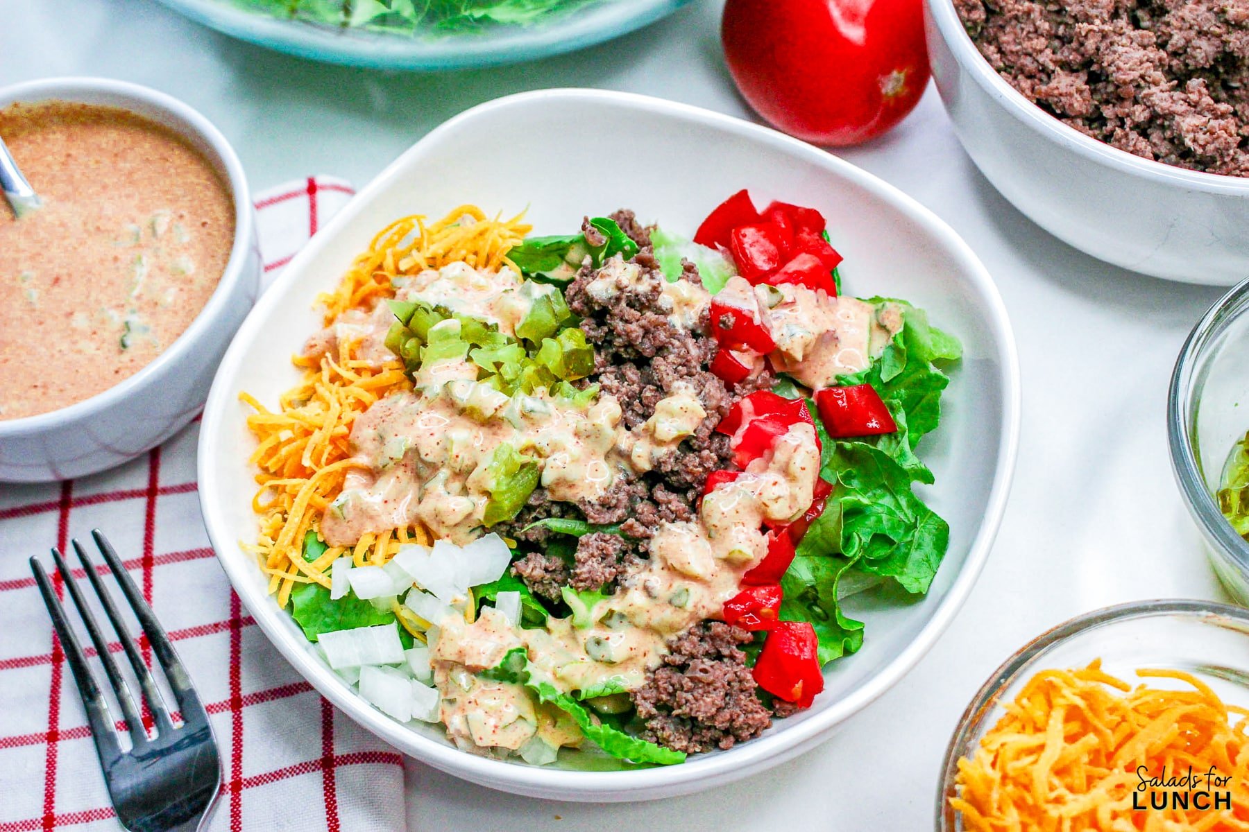 Big Mac Salad Bowl Recipe 13 - Shake up your weekday lunch with these tasty, healthy salads for lunch recipes that are great on the go. Make a filling and healthy salad that will power you through any work day. Full of protein and fiber these quick salads are an easy way to spruce up your lunch.