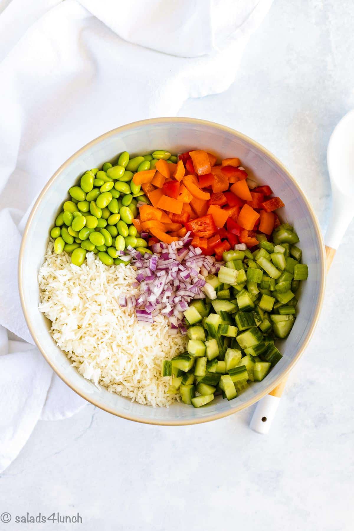 White bowl with edamame, chopped red onion, red pepper, cucumber and rice. 