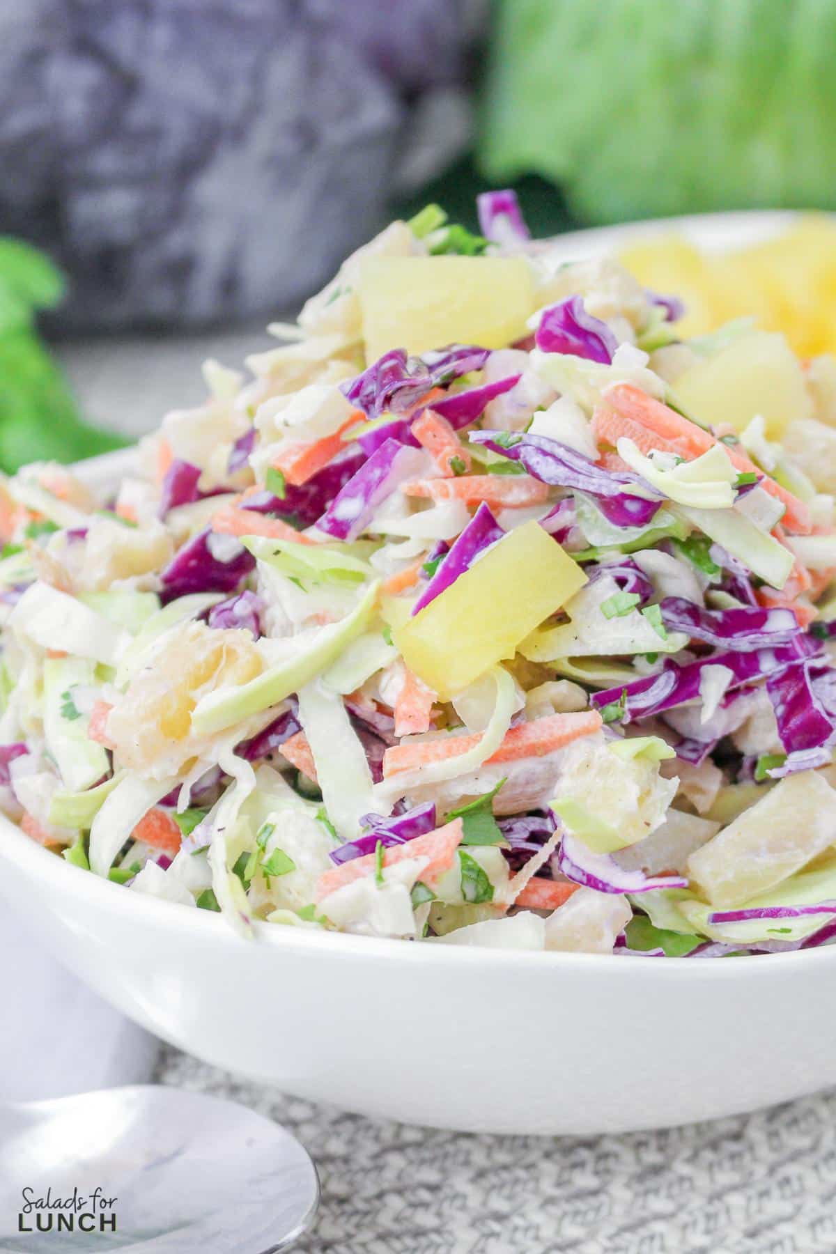 Close up of colourful hawaiian coleslaw with pineapple in a white bowl.