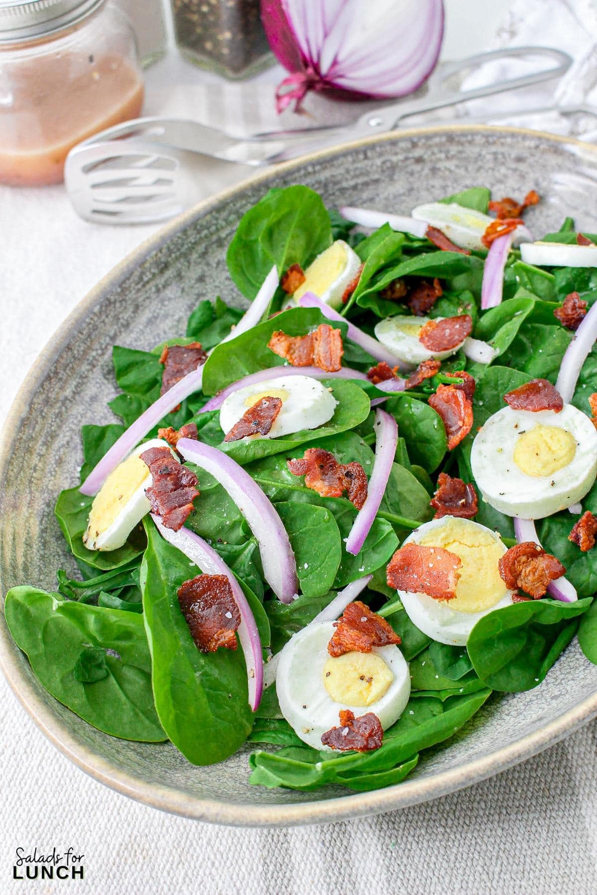 Spinach Salad with Eggs and Bacon Recipe 10 - Crisp baby spinach leaves, creamy hard-boiled eggs, savory bacon crumbles, and tangy red onion come together in perfect harmony, topped with a drizzle of homemade red wine vinegar dressing. It’s a satisfying spinach, egg and bacnon salad that’s as easy to make as it is delicious to eat!