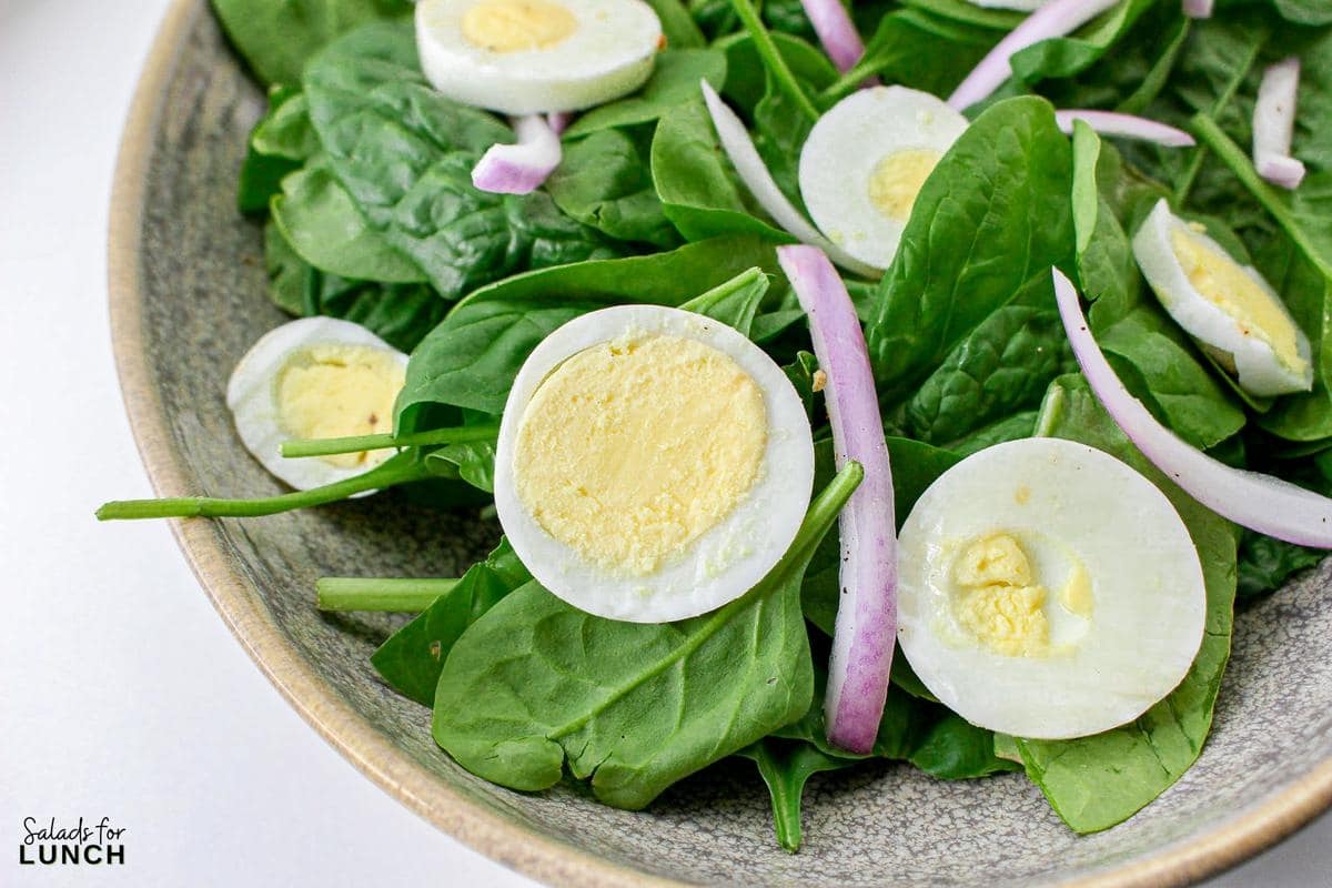 Spinach Salad with Eggs and Bacon Recipe 8 - Crisp baby spinach leaves, creamy hard-boiled eggs, savory bacon crumbles, and tangy red onion come together in perfect harmony, topped with a drizzle of homemade red wine vinegar dressing. It’s a satisfying spinach, egg and bacnon salad that’s as easy to make as it is delicious to eat!