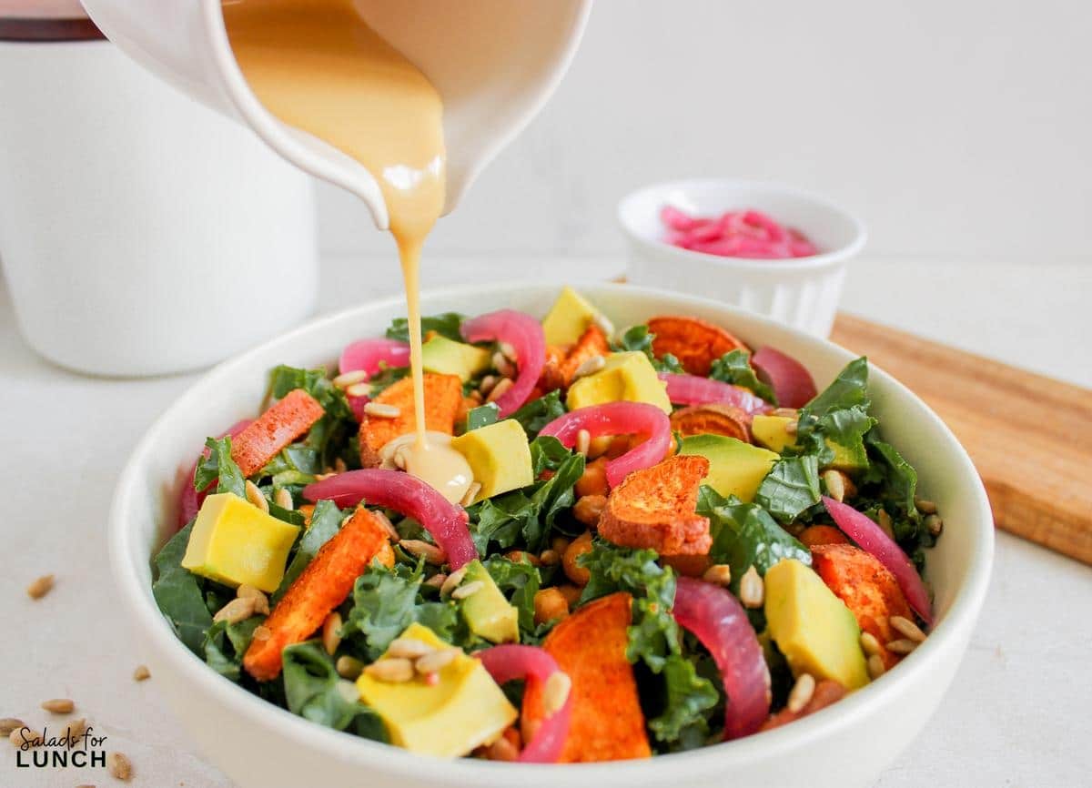 Vegan Fall Harvest Salad with Creamy Tahini Dressing Recipe 10 - This Vegan Fall Salad with Creamy Mustard Tahini Dressing is the perfect cozy dish to welcome the cooler weather. It’s hearty enough to be a meal on its own, yet light enough to leave you feeling energized. Whether you're making it for lunch or dinner, this salad is a delicious and easy way to enjoy the best flavors of fall. So, grab your ingredients and get ready to dig into a bowl of autumn goodness!